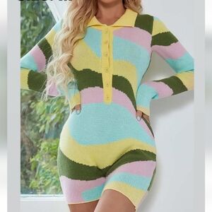 Cherry Mellow Pastel Knit Romper | Retro Abstract Pattern |Button Collar| Size M